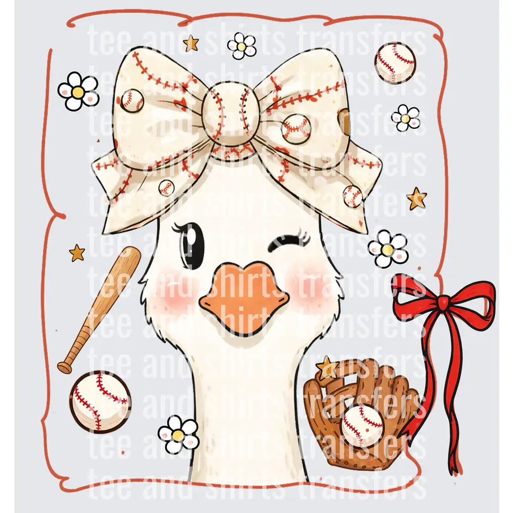 Cute Goose with Baseball Bow DTF TRANSFER