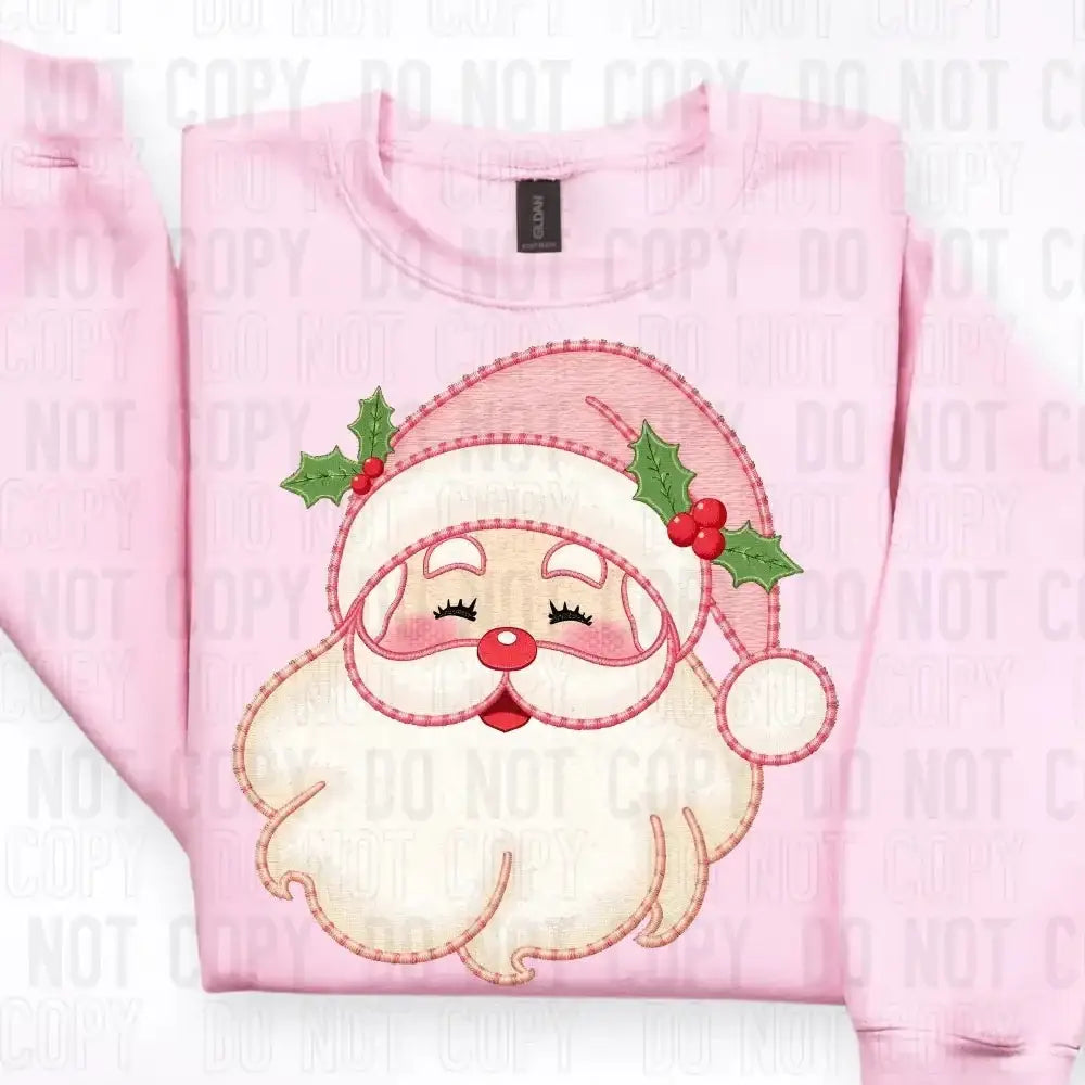 Pink Santa Faux Embroidery DTF TRANSFER tee and shirts transfers