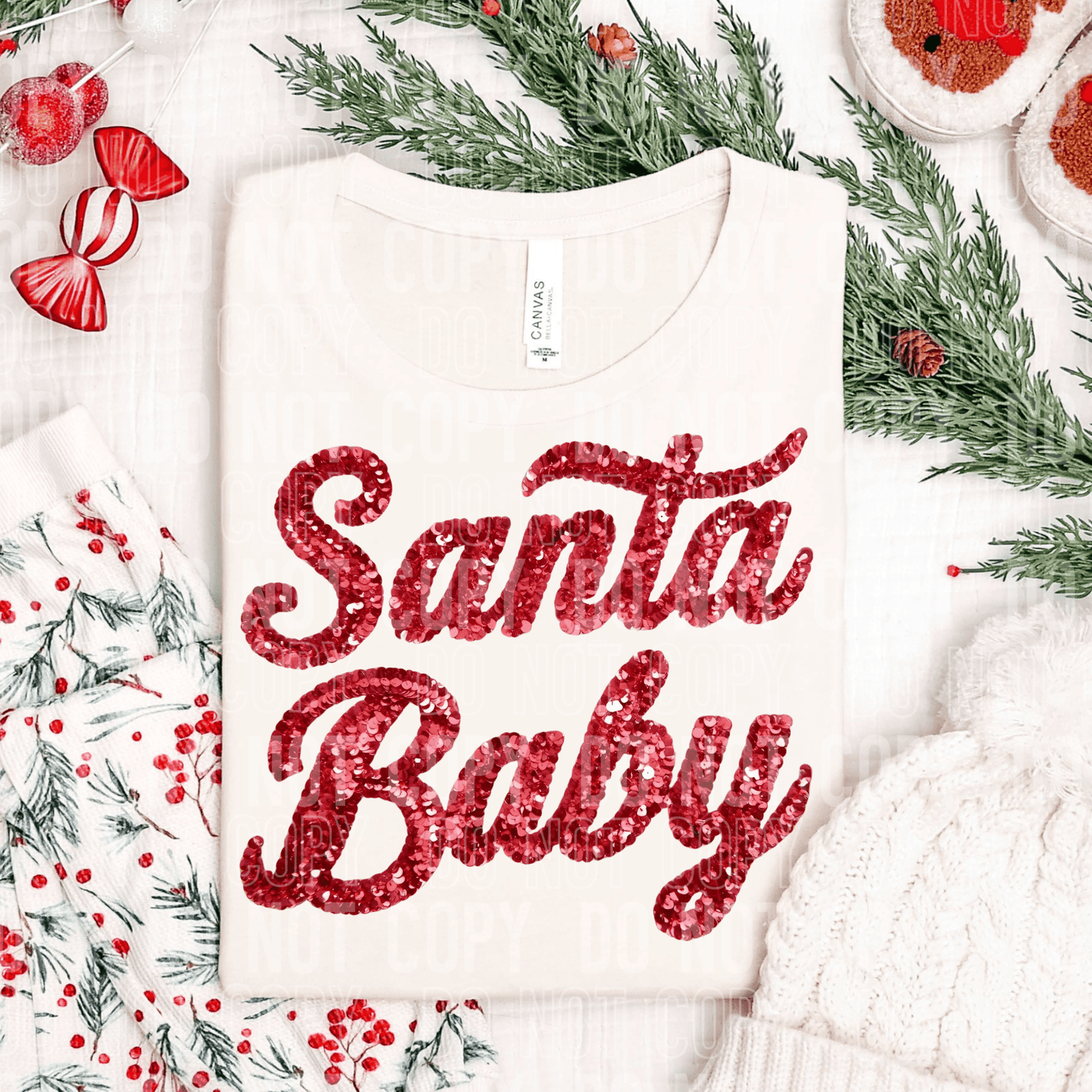 Santa Baby Faux Sequins DTF TRANSFER tee and shirts transfers
