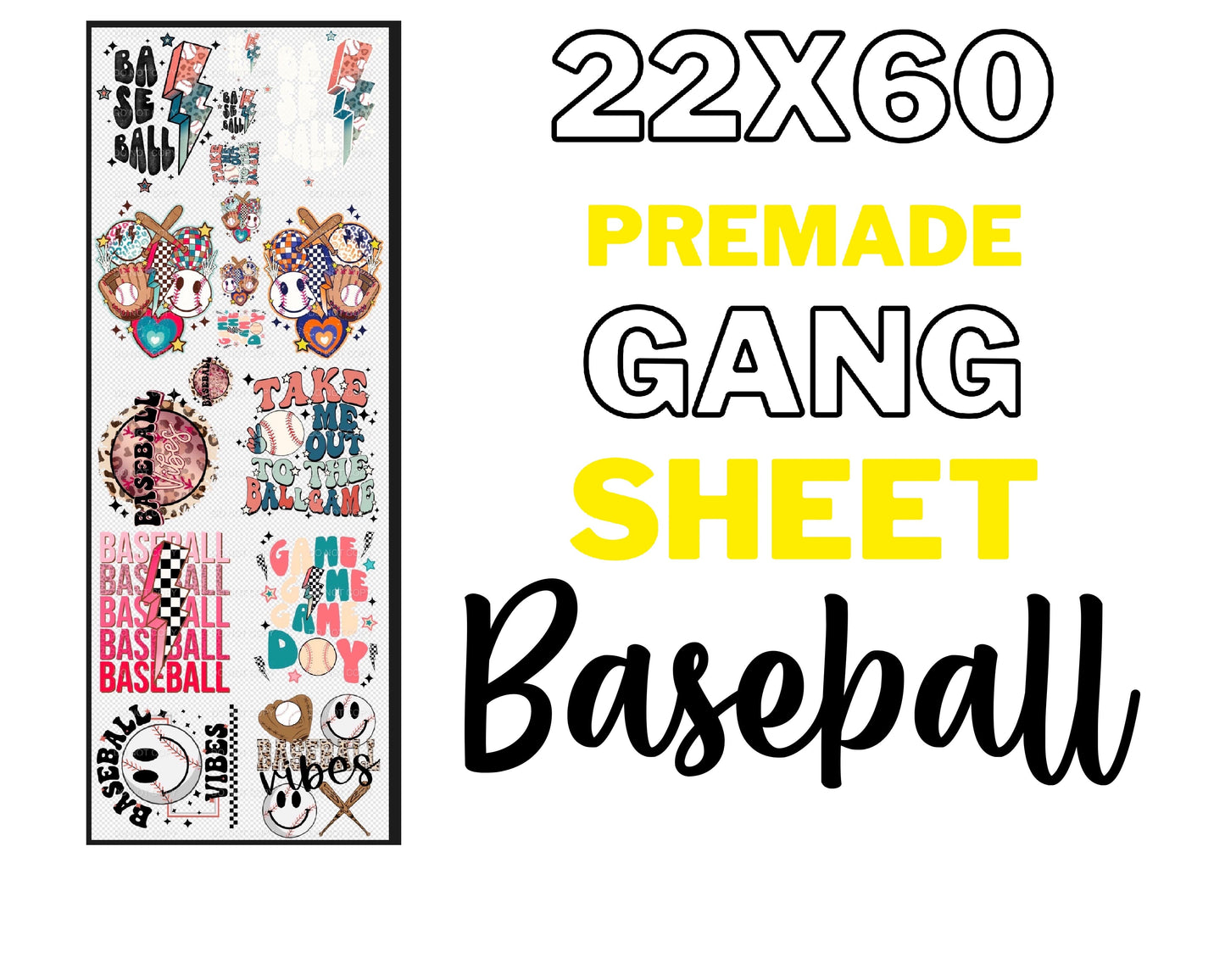 Premade BASEBALL Gang Sheet tee and shirts transfers