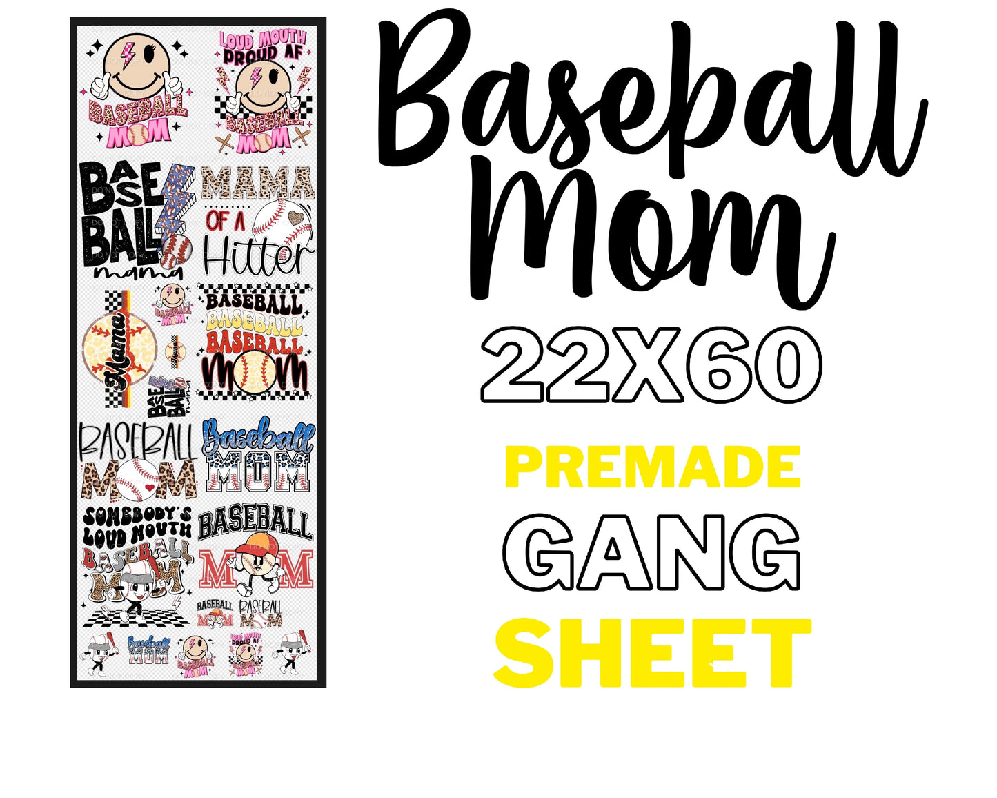 Premade BASEBALL MOM Gang Sheet tee and shirts transfers