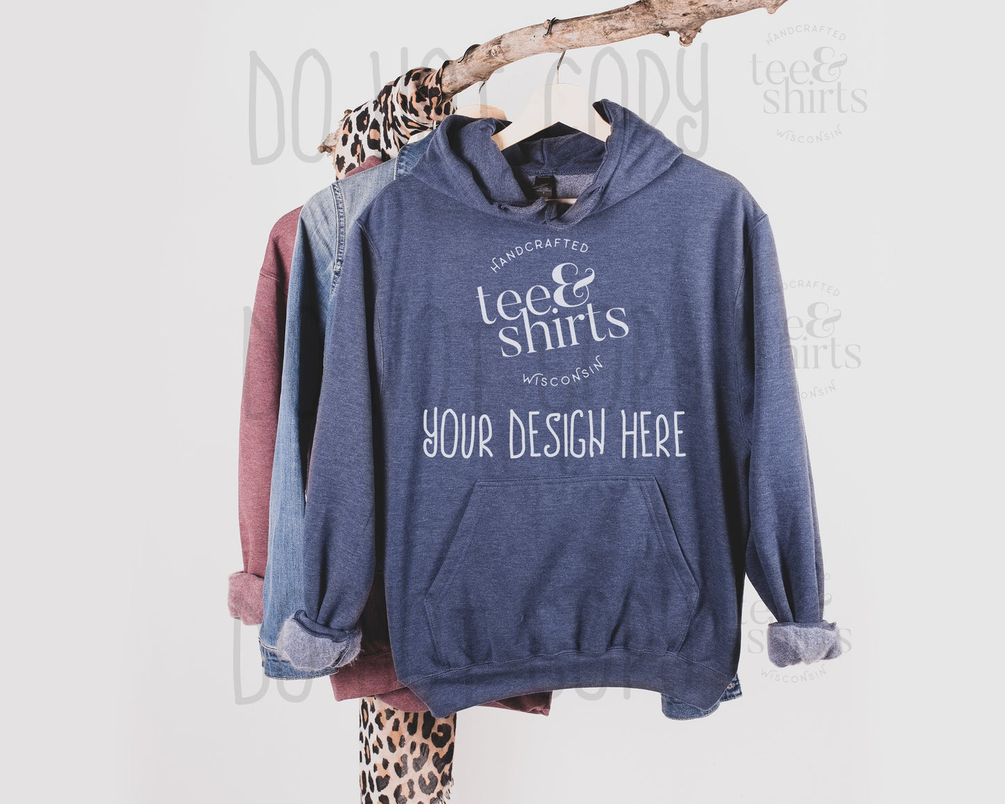 Tultex 320 Hoodie mockup Heather Denim Hanging sweatshirt Shirt mock up teeANDshirts
