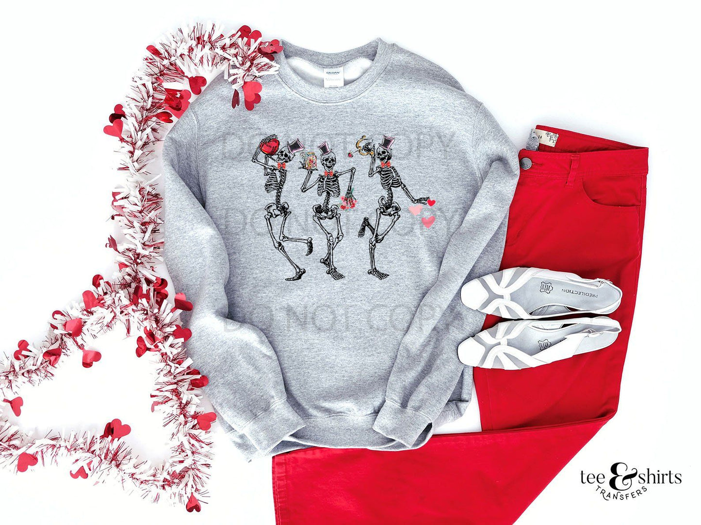 Valentines dancing skeletons tee and shirts transfers
