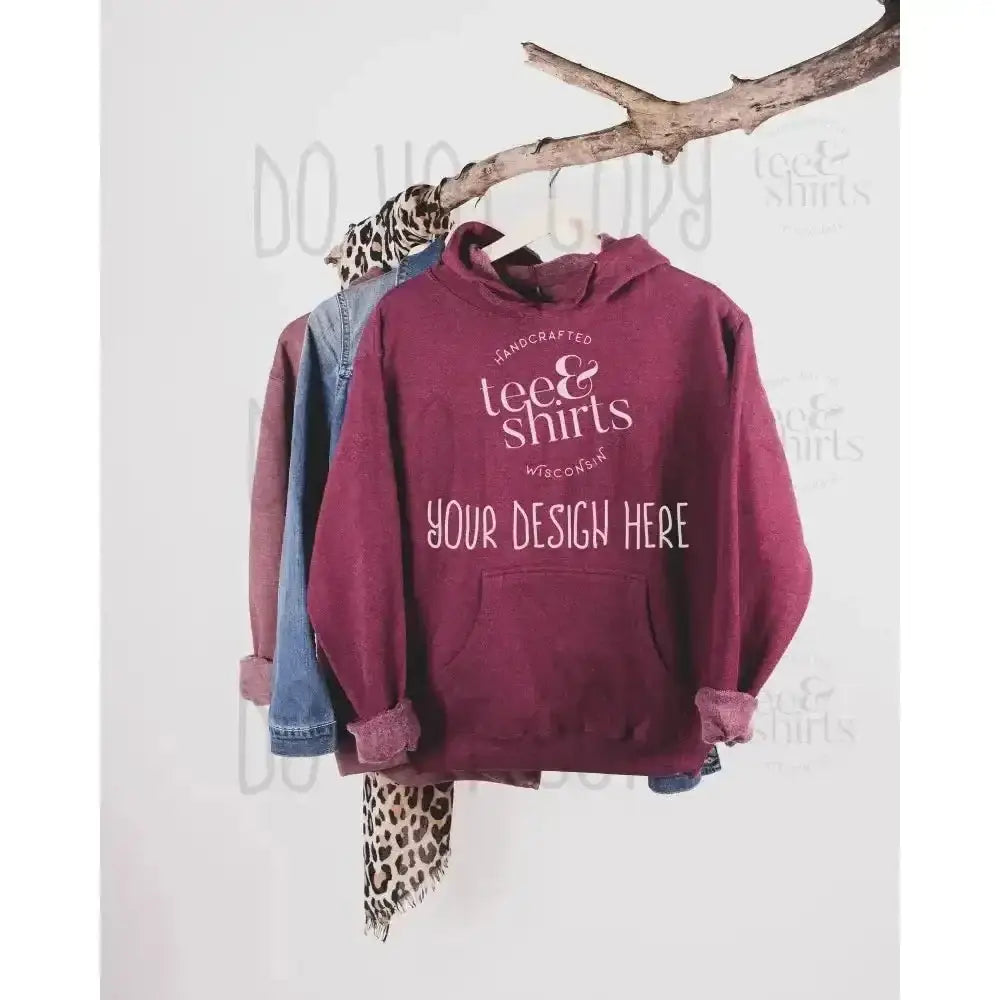 Ei-Lo 9380 Hoodie mockup Burgundy Heather Hanging Sweatshirt Shirt mock up teeANDshirts 