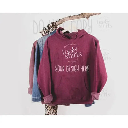 Ei-Lo 9380 Hoodie mockup Burgundy Heather Hanging Sweatshirt Shirt mock up teeANDshirts 