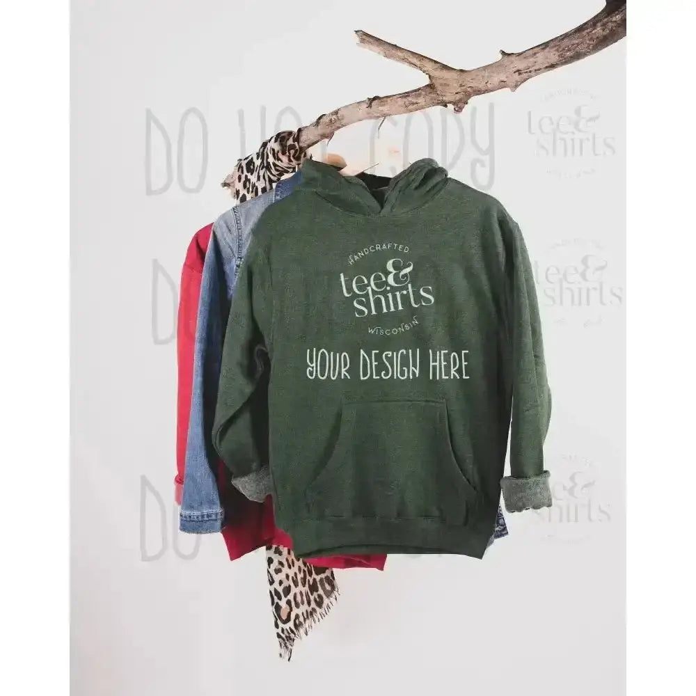 Ei-Lo 9380 Hoodie mockup Forest Heather Hanging Sweatshirt Shirt mock up teeANDshirts 