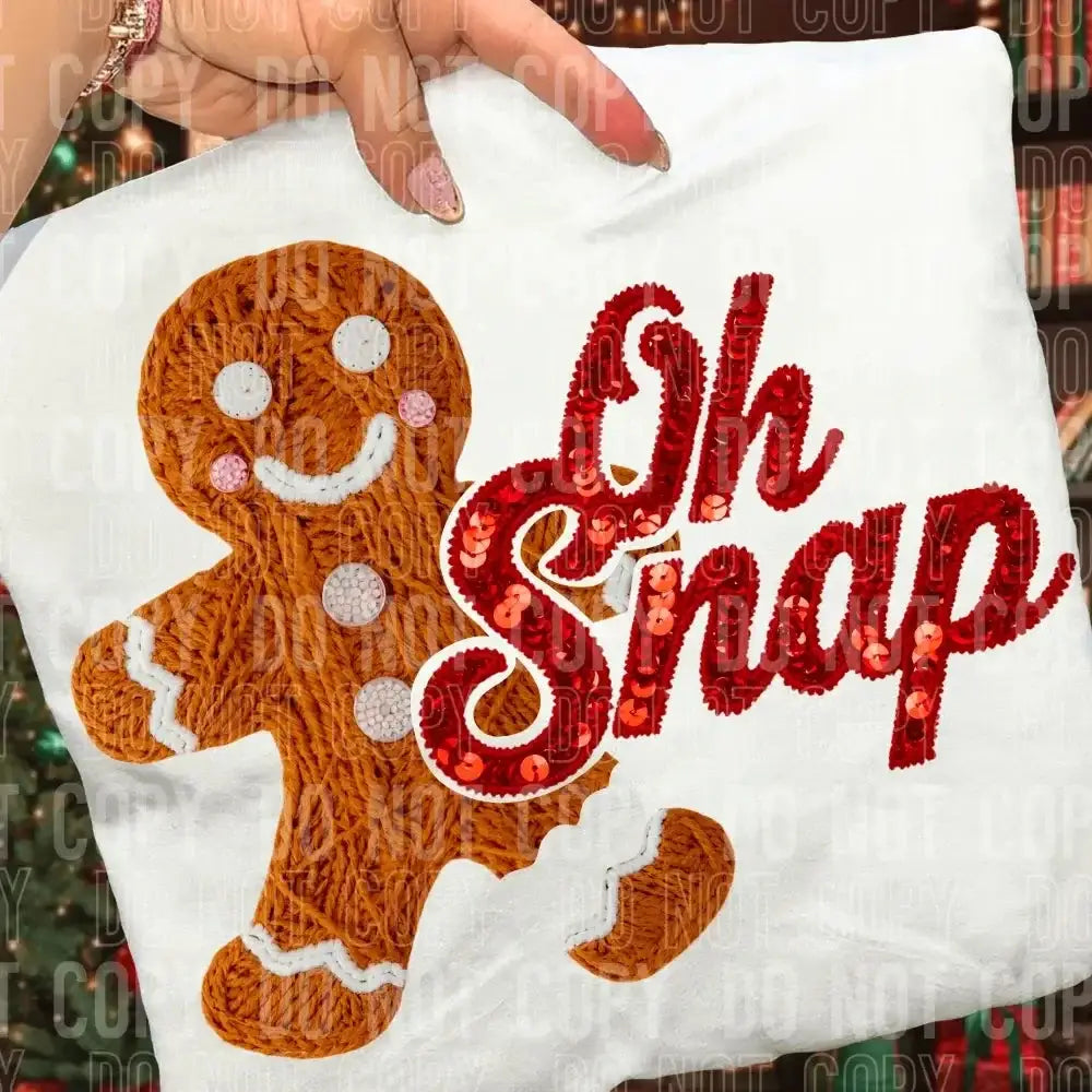 Oh Snap Gingerbread Faux Yarn Sequins DTF TRANSFER tee and shirts transfers 