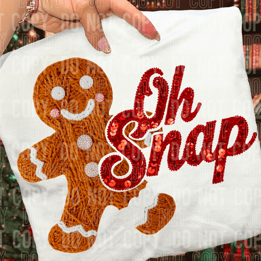 Oh Snap Gingerbread Faux Yarn Sequins DTF TRANSFER tee and shirts transfers 