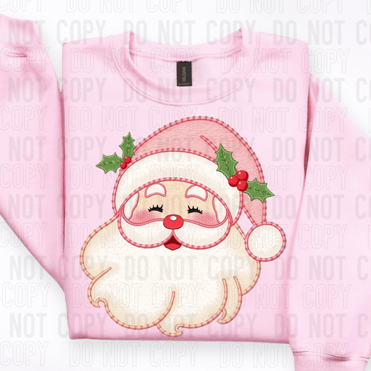 Pink Santa Faux Embroidery DTF TRANSFER tee and shirts transfers 